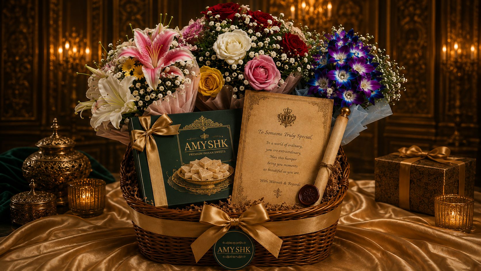 Amyshk gift hamper with mithai and bouquet